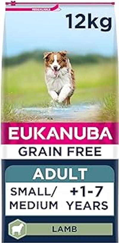 EUKANUBA Grain Free voer voor volwassen honden van kleine en middelgrote rassen, rijk aan lamsvlees, 12 kg - hondenbrokken