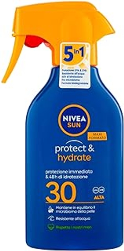 NIVEA SUN Maxi Zonnebrandspray Protect & Hydrate SPF 30 in spuitfles, 270 ml, zonnecrème met hydraterende primer voor 48 uur, zonnecrème met biologisch afbreekbare formule