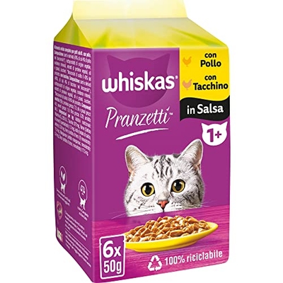 Whiskas Lunch wit vlees 1+ volwassenen, natvoer voor katten, 12 verpakkingen met elk 6 zakjes x 50 g (in totaal 72 zakken) - natvoer katten