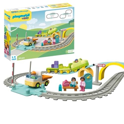 PLAYMOBIL 1.2.3: Grote treinset 71593, met wagons, slagbomen en een klok, educatief speelgoed voor peuters om basisfuncties te ontdekken, speelgoed voor kinderen vanaf 12 maanden