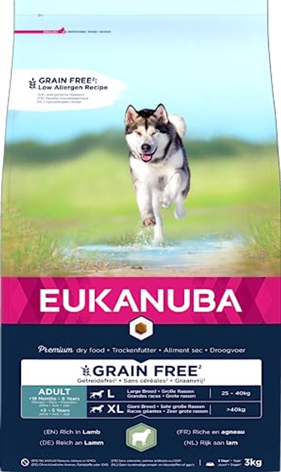EUKANUBA Grain Free voer voor volwassen honden van grote rassen, rijk aan lamsvlees, 3 kg - hondenbrokken