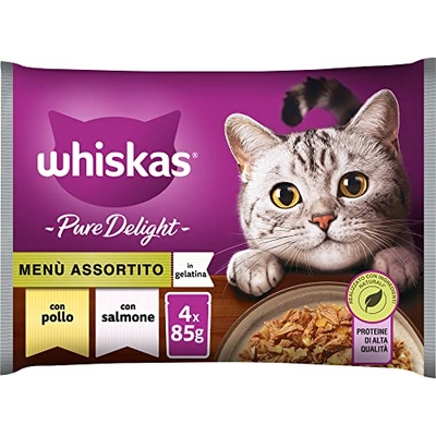 Whiskas Pure Delight Gesorteerd menu 1 jaar, natvoer voor kat, 13 verpakkingen met elk 4 zakjes x 85 g (52 zakken) - natvoer katten