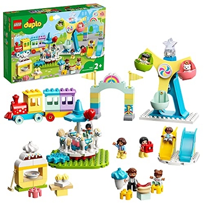 LEGO 10956 DUPLO Town Pretpark, Kermis & Trein Speelgoed voor Peuters van 2 Jaar Oud met Carrousel & Reuzenrad