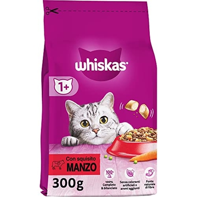 Whiskas Droogvoer Adult 1+ met rundvlees - droogvoer voor volwassen katten, 14 x 300 g - kattenbrokken