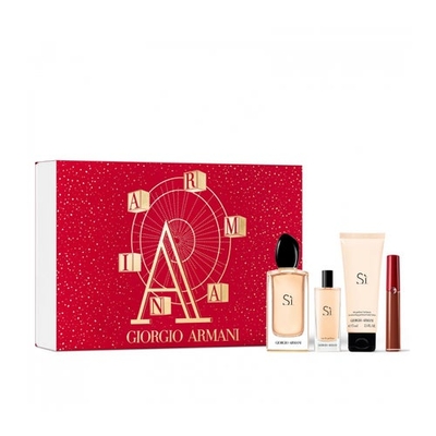 Armani Si Giftset - 100 ml eau de parfum spray + 15 ml eau de parfum spray + 75 ml bodylotion + Lip Maestro Intense Velvet Color Lippenstift 209 Palazzo 6,5 ml - cadeauset voor dames