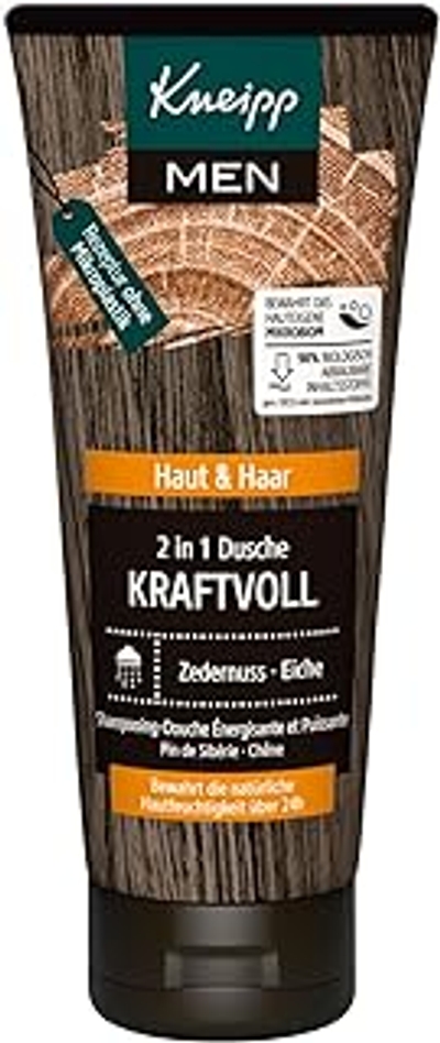 Kneipp MEN 2-in-1 douche krachtige, verkwikkende douchegel voor huid en haar, harmonieuze geur met warme en houtachtige noten, cederhoutolie en eikenextract, 200 ml