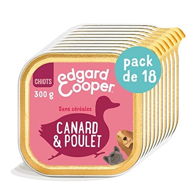 Edgard & Cooper Hondenbox, patée voor puppy's, junior, zonder granen, natuurlijk voer, 18 x 300 g, eend en kip, verse kip, gezonde en lekkere voeding, hoogwaardig eiwit - hondenbrokken
