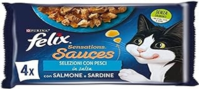 Purina Felix Sensations Sauces Natvoer voor katten met zalm en garnalen, met sardines en wortelen, 48 zakjes à 85 g - natvoer katten