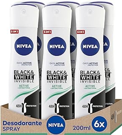 NIVEA Black & White Invisible Active Spray in verpakking van 6 stuks 6 x 200 ml, vlekspray voor damesverzorging, onzichtbare deodorant ter bescherming van huid en kleding