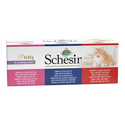 Schesir Natuurlijk kattenvoer nat met 100% natuurlijke ingrediënten van tonijn, runderfilet, kippenfilet, kleine sardellen en rijst in multipack of als afzonderlijke soort (6 x 85 g blik) - natvoer katten