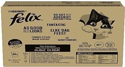Purina Felix Le Gottonerie Natvoer voor katten met tonijn, zalm, kabeljauw, zwarte doorn, 80 zakjes à 85 g - natvoer katten