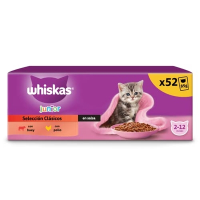 Whiskas Lekkere keuze in Sauce Junior 2-12 maanden, kattenvoer, natvoer, voorraad, verpakking met 13 verpakkingen van 4 zakken x 85 g (52 zakken in totaal) - natvoer katten