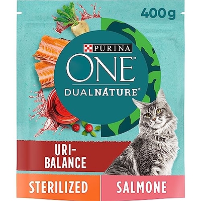 PURINA ONE Dualnature Kroketten voor katten, gesteriliseerd, rijk aan zalm en cranberry, 8 zakjes x 400 g, 3700 g - kattenbrokken
