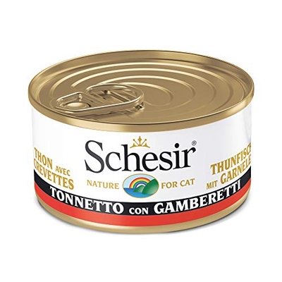 Schesir, Natvoer voor volwassen katten, bakorettesmaak met garnalen op filets en zachte gelatine, in totaal 2 kg (24 blikjes x 85 g) - natvoer katten