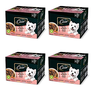 Cesar Selectie in saus, natvoer voor honden, verschillende smaken met vlees en groenten, 96 zakken à 100 g, totaal 9,6 kg - natvoer honden