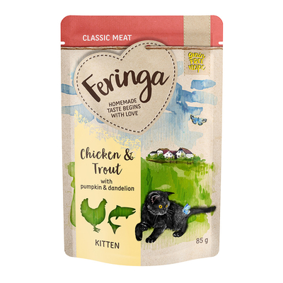 Feringa Classic Meat Menu Kitten Zakjes 12 x 85 g - Mixpakket 2: Gevogelte, kalkoen & konijn, kip en forel, zalm & kalkoen - natvoer katten