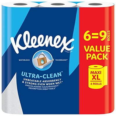 Kleenex® keukenroll Ultra Clean™, 6 Maxi XL keukenrollen (=9 rollen), Onovertroffen absorptievermogen en sterkte keukenpapier - 100% recyclebare verpakking