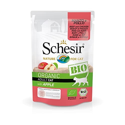 Schesir Cat Bio Adult rund en kip met appel, kattenvoer nat, 16 zakjes x 85 g - natvoer katten