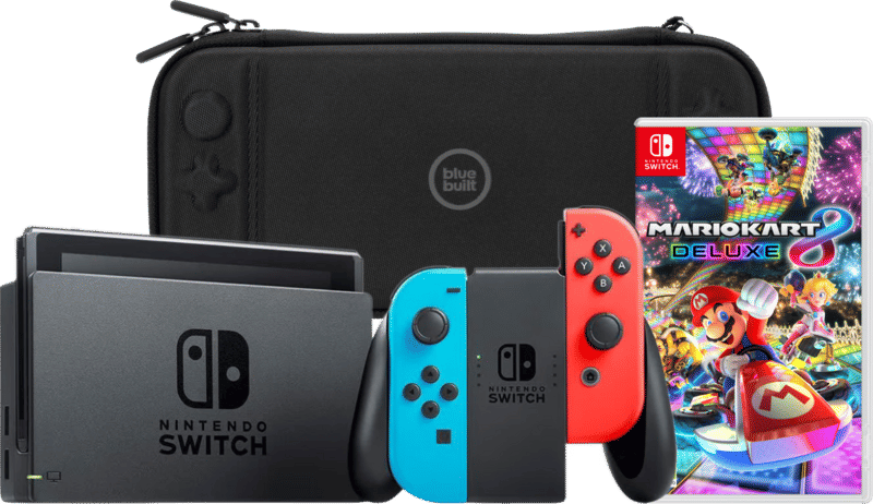 Nintendo Switch Rood/Blauw + Mario Kart 8 Deluxe + BlueBuilt Beschermhoes