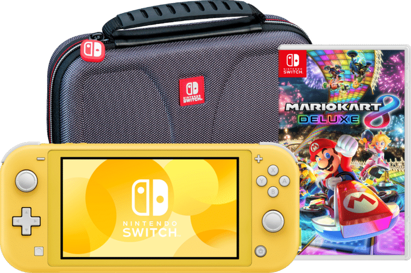 Nintendo Switch Lite Geel + Mario Kart 8 Deluxe + Bigben Beschermtas