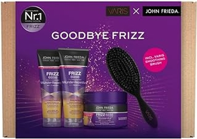 John Frieda x Varis Wonder-Reparatie Voordeelset - Inhoud: shampoo, 250 ml/conditioner, 250 ml/wonder-kuur, 250 ml/Varis Smoothing Brush haarborstel - Frizz Ease serie - geïnspireerd door stylisten