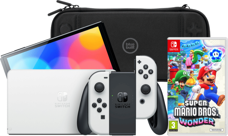 Nintendo Switch OLED Wit + Super Mario Bros. Wonder + BlueBuilt Beschermhoes