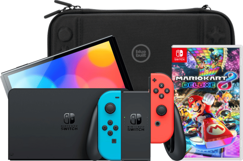 Nintendo Switch OLED Blauw/Rood + Mario Kart 8 Deluxe + BlueBuilt Beschermhoes