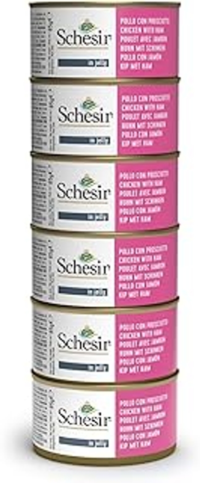 Schesir, Natvoer voor volwassen katten, kip en ham, filets en gelatine, 100% natuurlijk, 6 blikjes x 85 g - natvoer katten