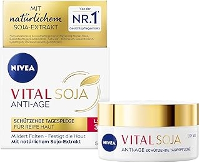 NIVEA Vital Soja Anti-Age beschermende dagcrème SPF 30, verstevigende gezichtsverzorging voor rijpe huid met natuurlijk soja-extract, dagcrème met SPF tegen pigmentvlekken 50 ml