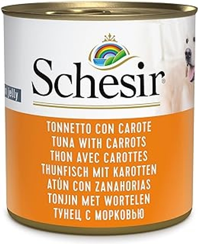 Schesir, Natvoer voor volwassen honden in de smaak tonijn met wortelen, filets van zachte gelei, totaal 4,56 kg 16 blikjes à 285 g - natvoer honden