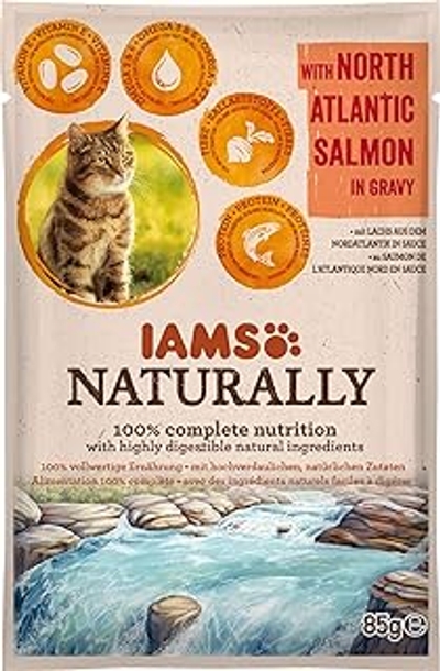 Iams Naturally Zalm, natvoer met zalm voor volwassen katten, proefgrootte, enkele zak 1 x 85 g - natvoer katten