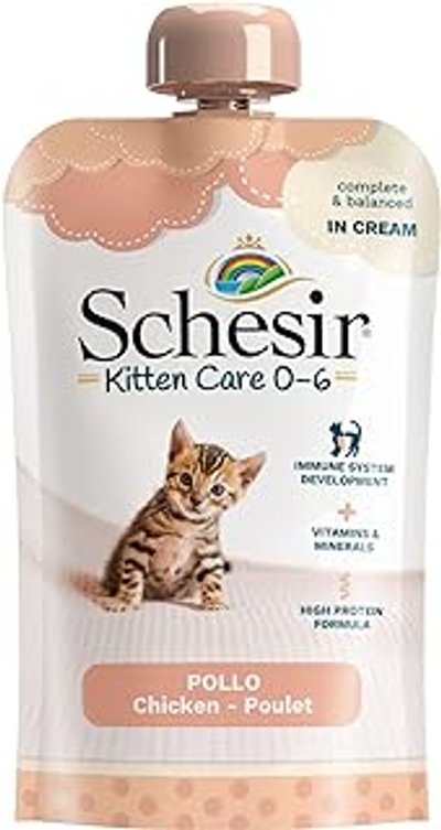 Schesir Cat Kitten Cream Kip - natvoer voor jonge katten - kippencrème kattenvoer nat graanvrij, met veel eiwitten, vitaminen en mineralen 20 x 150 g zakjes - natvoer katten