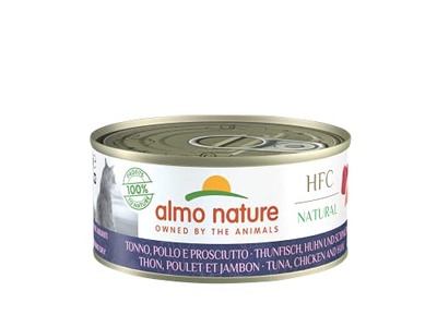 Almo Nature - HFC Natural met tonijn, kip en ham - natvoer voor volwassen katten: 24 blikjes van 150 g - natvoer katten