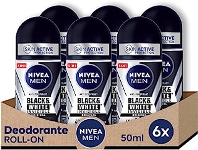 NIVEA Men Black & White Invisible Roll-On deodorant antitranspirant in verpakking van 6 stuks 6 x 150 ml anti-haarstripdeodorant voor heren, deodorant roller reguleert het ademend vermogen gedurende