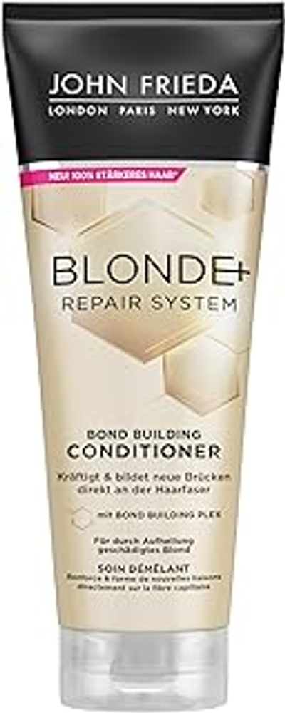 John Frieda Blonde+ Repair System Conditioner - Met Bond Building Plex - Inhoud: 250 ml - Voor door bleken beschadigd blond - versterkt en vormt nieuwe bruggen direct op de haarvezel