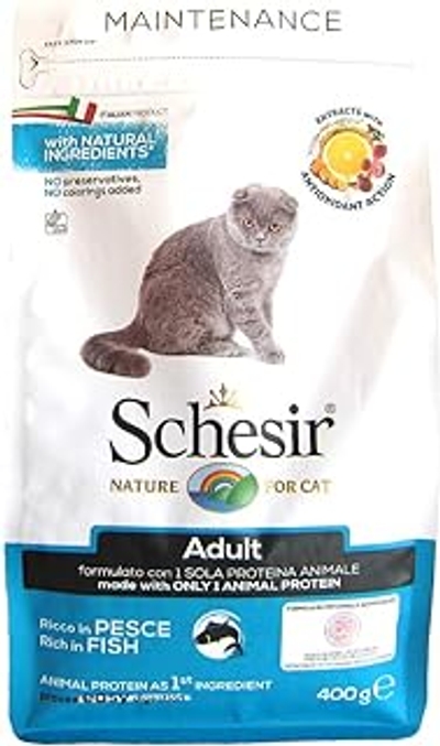 Schesir Cat Adult Maintenance vis, kattenvoer droog voor volwassenen en katten, droogvoer in zak, 1 verpakking 1 x 400 g - kattenbrokken
