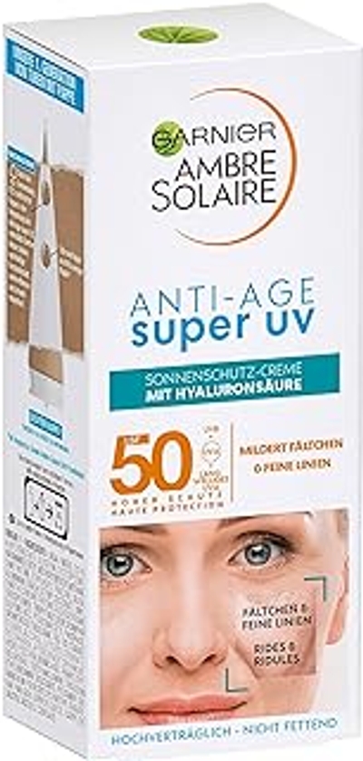 Garnier Anti-aging zonnecrème met SPF 50, zonnecrème met hyaluronzuur en vitamine B tegen rimpels en droogheid, ambre solaire, 1 x 50 ml