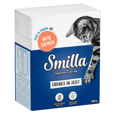 Smilla Hapjes in Saus  24 x 370 en Smilla Hapjes in Gelei 24 x 380 g Kattenvoer - Zalm in Gelei - natvoer katten