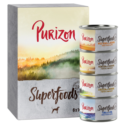 Purizon Superfoods 12 x 140 g - Mixpakket (2 Kip. 2x Tonijnn. 1x Everzwijn. 1x Wild) - natvoer honden