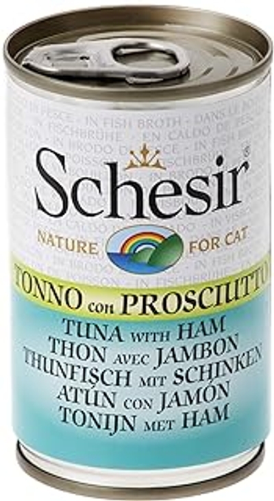 Schesir Cat in bouillon tonijn met ham, kattenvoer nat in eigen kookbouillon, 24 blikjes x 140 g - natvoer katten