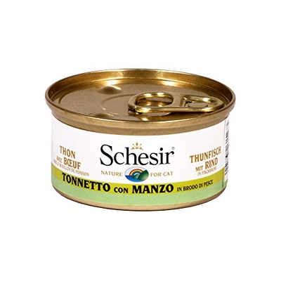 Schesir Cat in Bruhe tonijn met rundvlees, kattenvoer nat in eigen kookbrouw, 24 blikjes x 70 g - natvoer katten