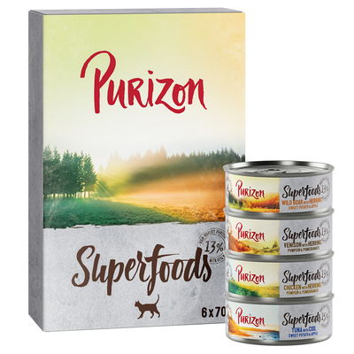 Purizon Superfoods 24 x 70 g - Mixpakket (2x kip, 2x tonijn, 1x wild zwijn, 1x wild) - natvoer katten