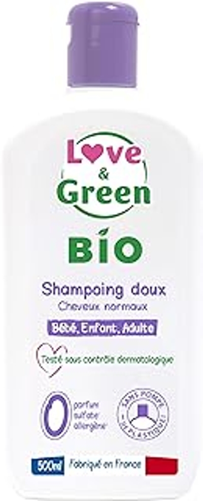 Love & Green Biologische gecertificeerde milde shampoo, zonder sulfaat, voor baby's, volwassen kinderen, 500 ml