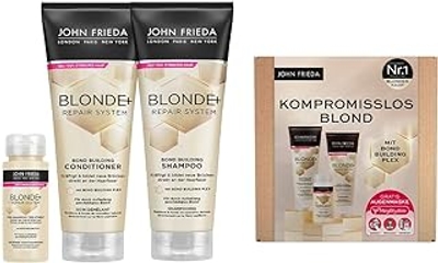 John Frieda Blonde+ Repair System Voordeelset - Inhoud: Pre-shampoo Treatment, 100ml, Shampoo, 250ml, Conditioner, 250ml - Inclusief gratis MegRhythm oogmasker - Met Bond Building Plex