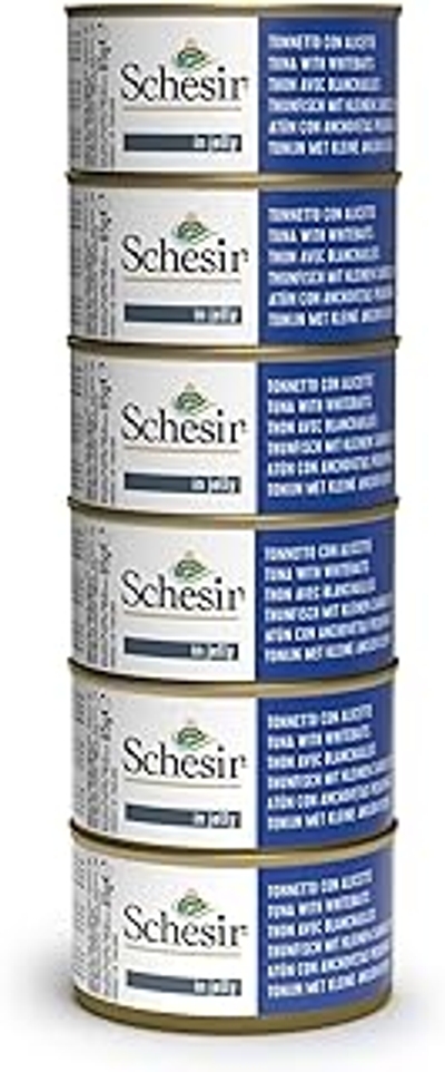 Schesir, Natvoer voor volwassen katten, tonijn met witte vis, gemaakt van filets en gelei, 100% natuurlijk, 6 blikjes x 85 g - natvoer katten
