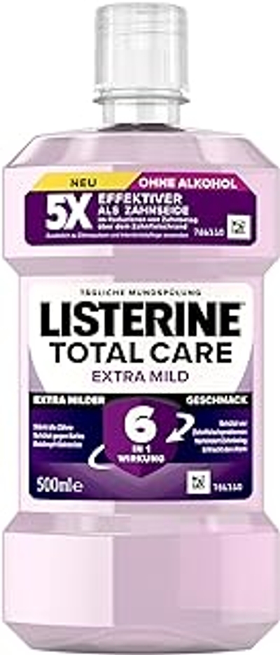 LISTERINE Total Extra Mild 500 ml, beschermende mondspoeling zonder alcohol tegen cariës met 6-in-1 werking, antibacterieel mondwater beschermt tegen tandvleesproblemen, tot 24 uur frisse adem