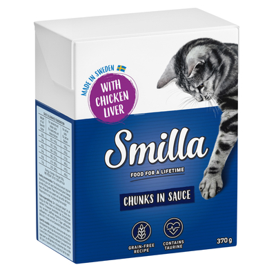 Smilla Hapjes in Saus  24 x 370 en Smilla Hapjes in Gelei 24 x 380 g Kattenvoer - Kippenlever in Saus - natvoer katten