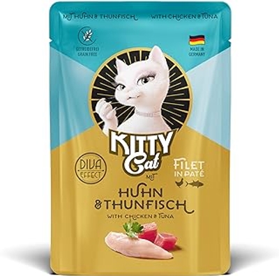 KITTY Cat Filet in paté kip en tonijn, 6 x 85 g, Gourmet natvoer voor katten, fijnste kattenvoer met taurine, zalmolie en groenlipmossel, graanvrij met extra veel vlees, Made in Germany - natvoer katten