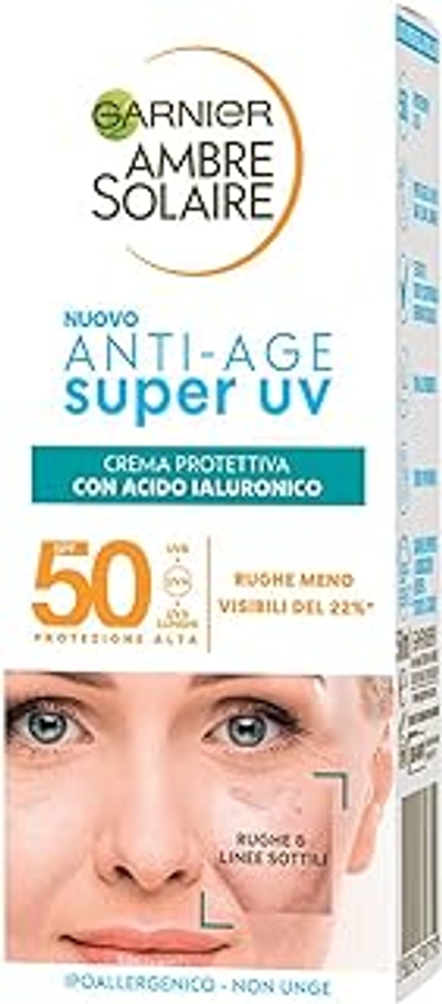 Garnier Ambre Solaire Anti-Age Super UV-beschermende gezichtscrème, voor de gevoelige huid, SPF 50, snel intrekkend, met hyaluronzuur, 50 ml
