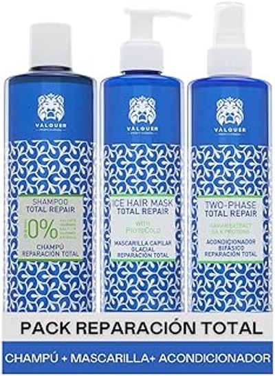 Valquer Professional Total Repair Haarpakket, Zero% Shampoo 400 Ml + Ijseffectmasker 300 Ml + Bifasische Conditioner 300 Ml, Beschadigd Haar